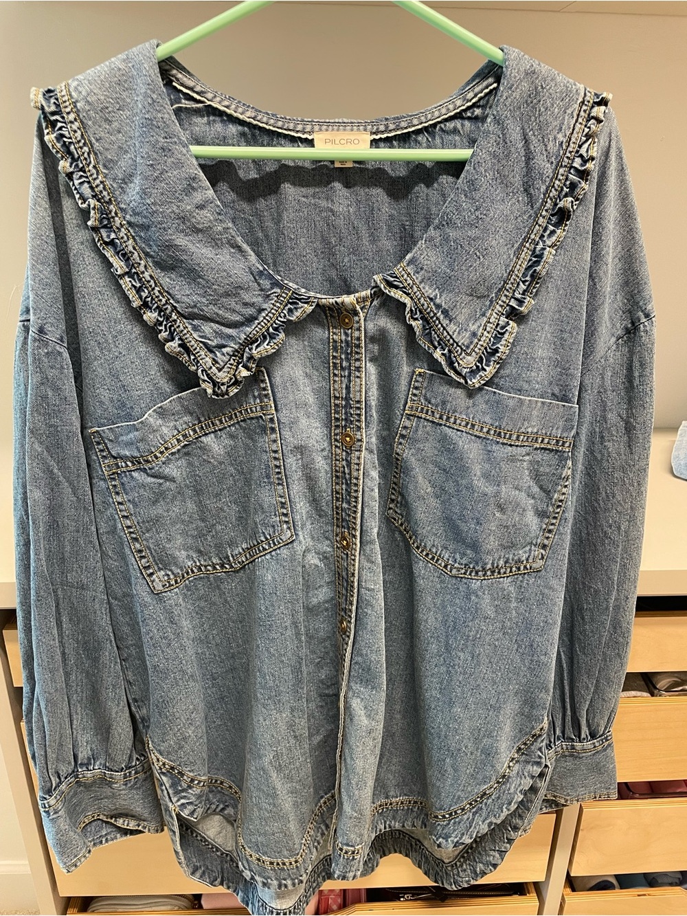 NWOT women’s Pilcro ruffle collar denim button down shirt